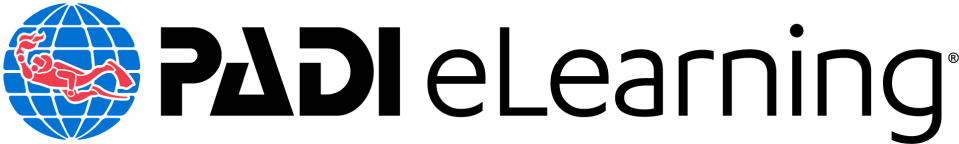 PADI eLearning logo Logo with globe, red diver silhouette, and text 'PADi eLearning'.